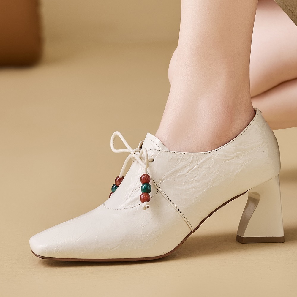 Women's Genuine Leather French Square Toe Lace-Up Beaded 6.5 CM Block Heel Elegant Vintage Commuter Versatile Comfortable Spring Pumps 60320