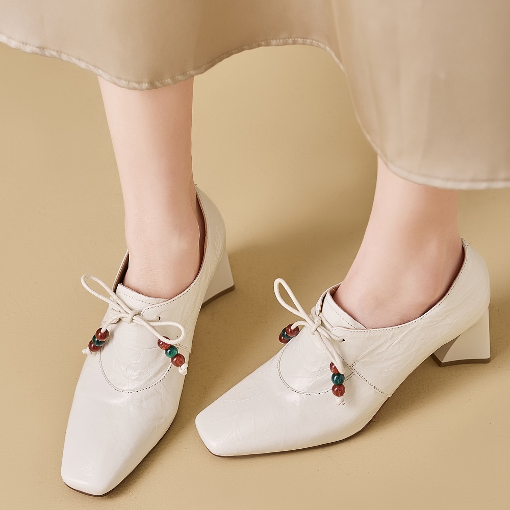 Women's Genuine Leather French Square Toe Lace-Up Beaded 6.5 CM Block Heel Elegant Vintage Commuter Versatile Comfortable Spring Pumps 60320