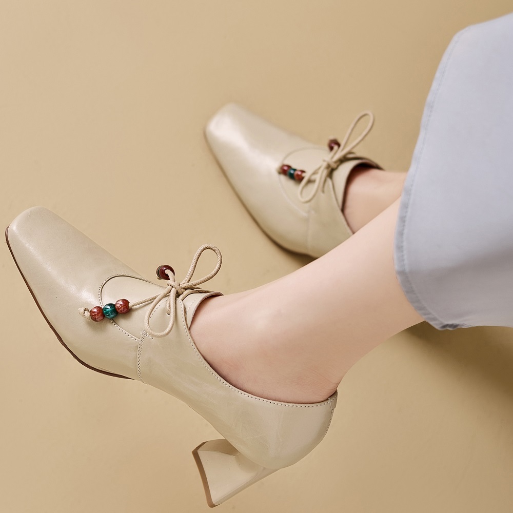 Women's Genuine Leather French Square Toe Lace-Up Beaded 6.5 CM Block Heel Elegant Vintage Commuter Versatile Comfortable Spring Pumps 60320
