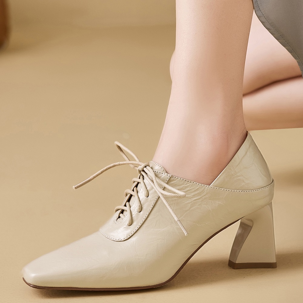 Women's Spring Square Heel Leather Pumps 6.5  CM Heel Lace-Up Pure Color Square Toe Elegant British Style Versatile Fashion Single Shoes 60320