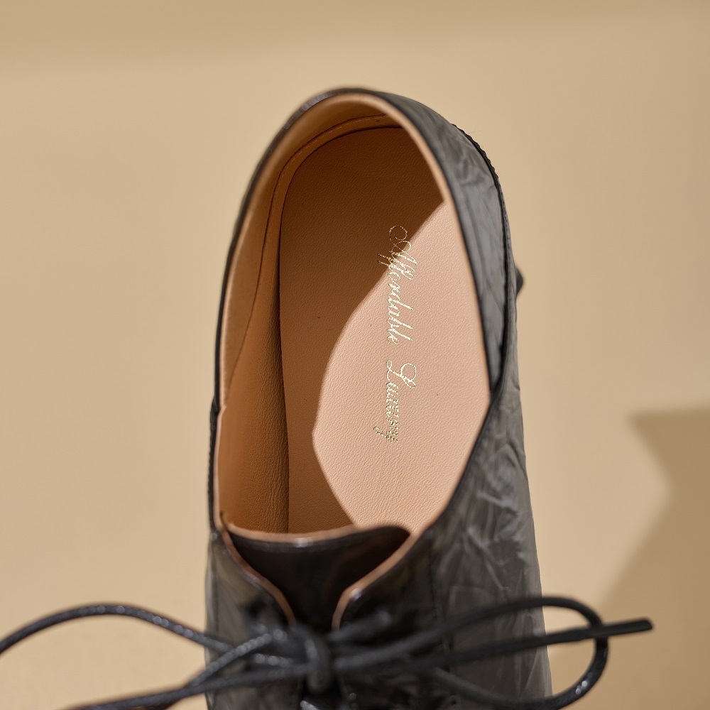 Women's Spring Square Heel Leather Pumps 6.5  CM Heel Lace-Up Pure Color Square Toe Elegant British Style Versatile Fashion Single Shoes 60320