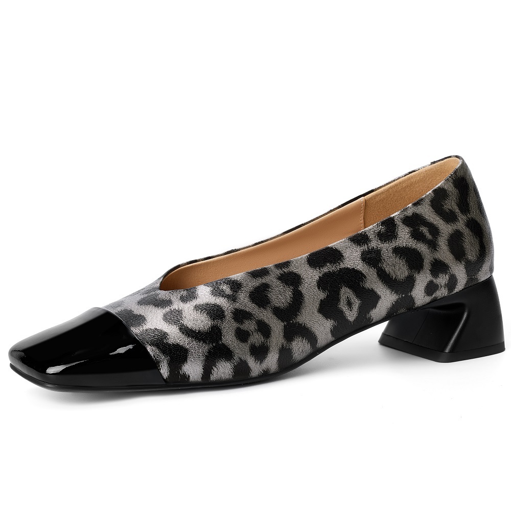 Women's Genuine Leather Fashion Leopard Print French Style Square Toe Color Block Sheepskin Low-Cut Slip-On 4.5 CM Block Heel Commuter Versatile Pumps 60320