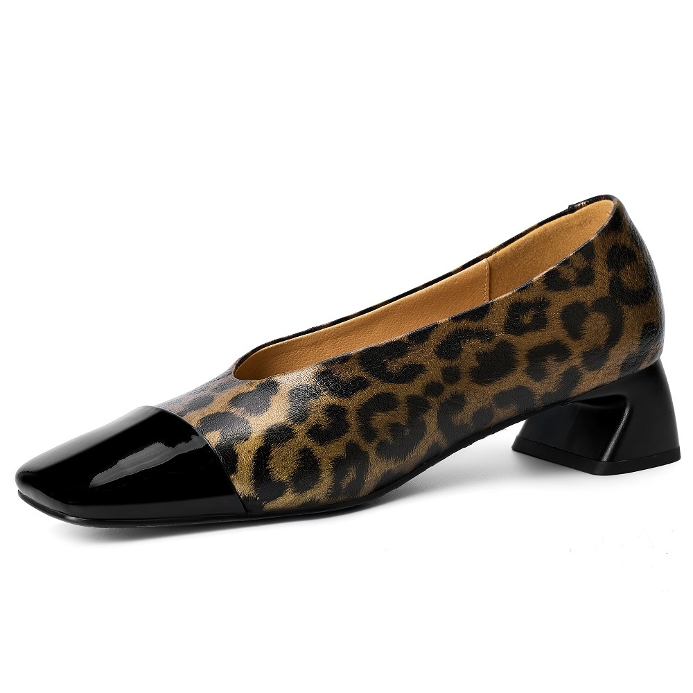 Women's Genuine Leather Fashion Leopard Print French Style Square Toe Color Block Sheepskin Low-Cut Slip-On 4.5 CM Block Heel Commuter Versatile Pumps 60320