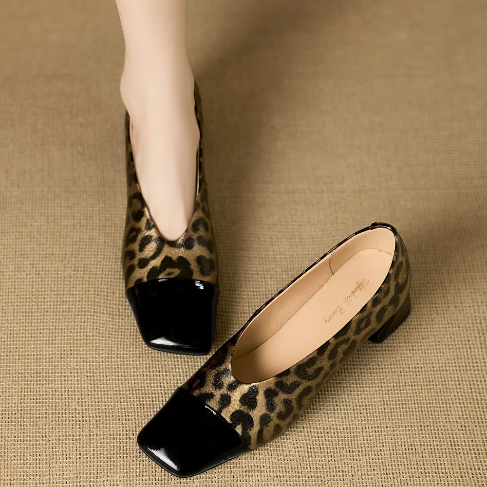 Women's Genuine Leather Fashion Leopard Print French Style Square Toe Color Block Sheepskin Low-Cut Slip-On 4.5 CM Block Heel Commuter Versatile Pumps 60320