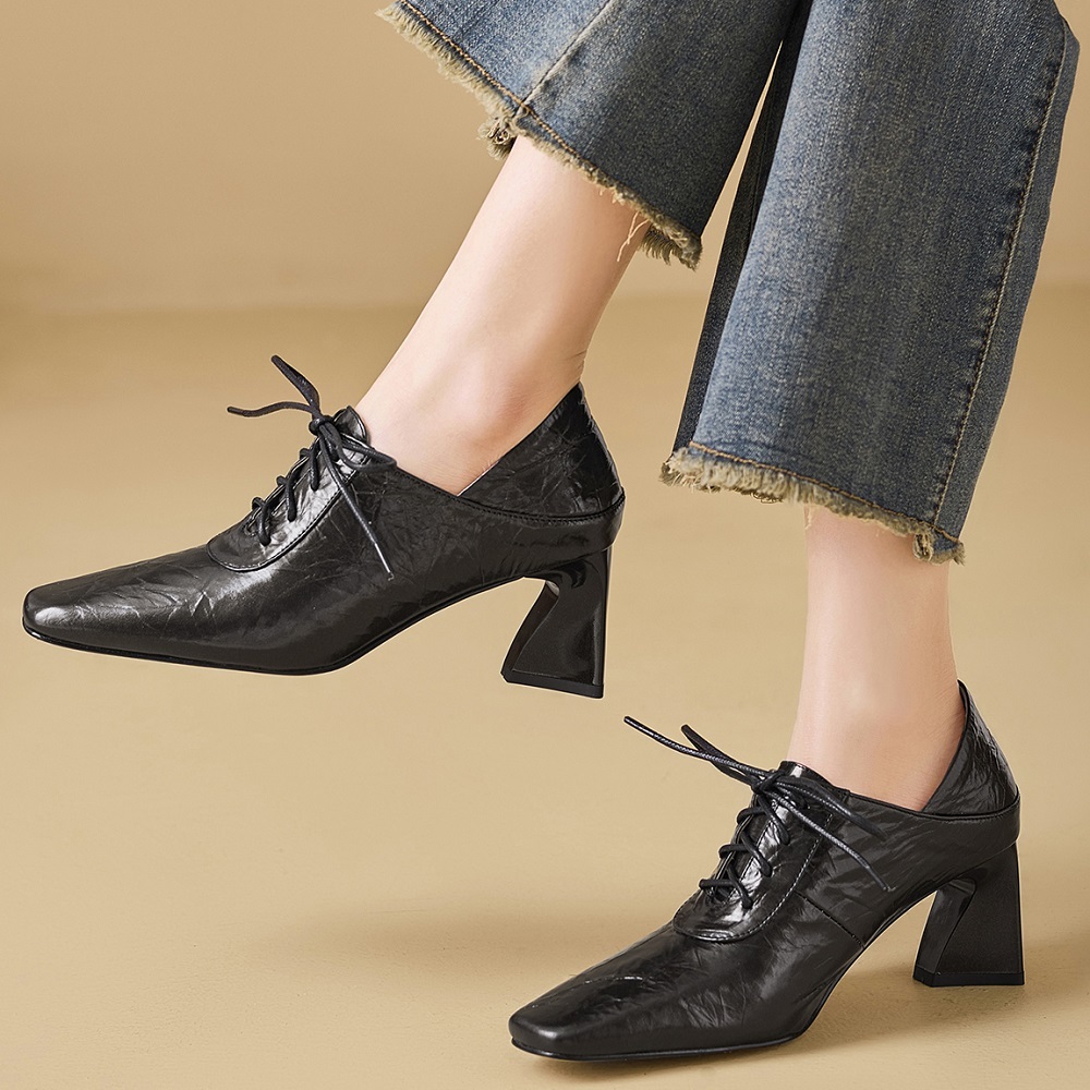 Women's Spring Square Heel Leather Pumps 6.5  CM Heel Lace-Up Pure Color Square Toe Elegant British Style Versatile Fashion Single Shoes 60320