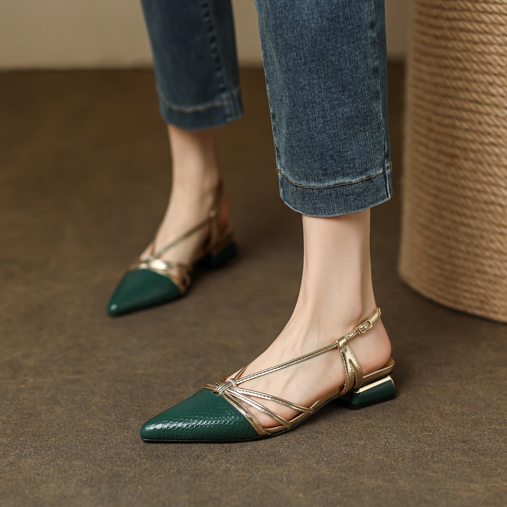 Ladies' Genuine Leather Pointed Toe Sandals Thin Straps Spring Autumn Cut Out Closed Toe 3.5 CM Block Heel Versatile Fashion Shoes 60320