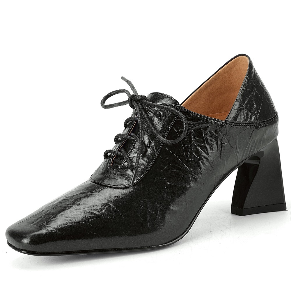 Women's Spring Square Heel Leather Pumps 6.5  CM Heel Lace-Up Pure Color Square Toe Elegant British Style Versatile Fashion Single Shoes 60320