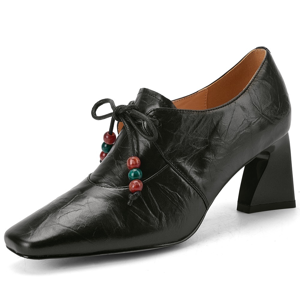 Women's Genuine Leather French Square Toe Lace-Up Beaded 6.5 CM Block Heel Elegant Vintage Commuter Versatile Comfortable Spring Pumps 60320