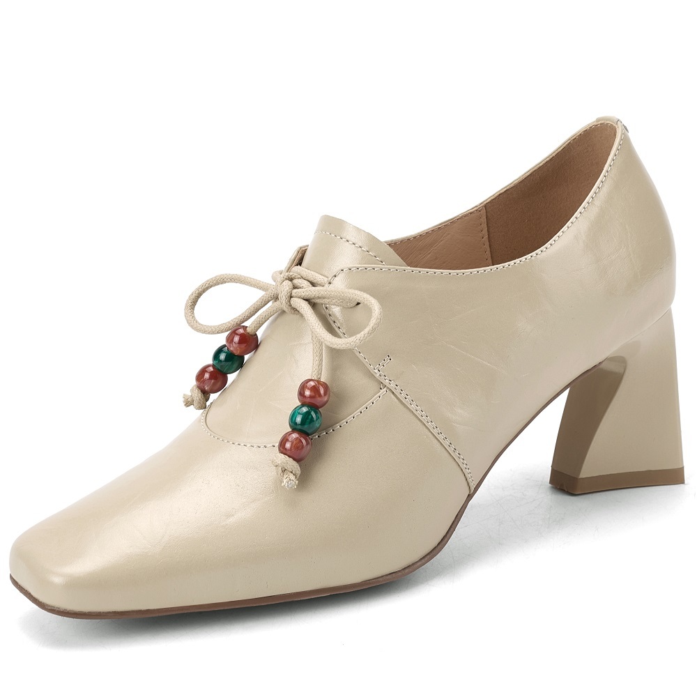 Women's Genuine Leather French Square Toe Lace-Up Beaded 6.5 CM Block Heel Elegant Vintage Commuter Versatile Comfortable Spring Pumps 60320