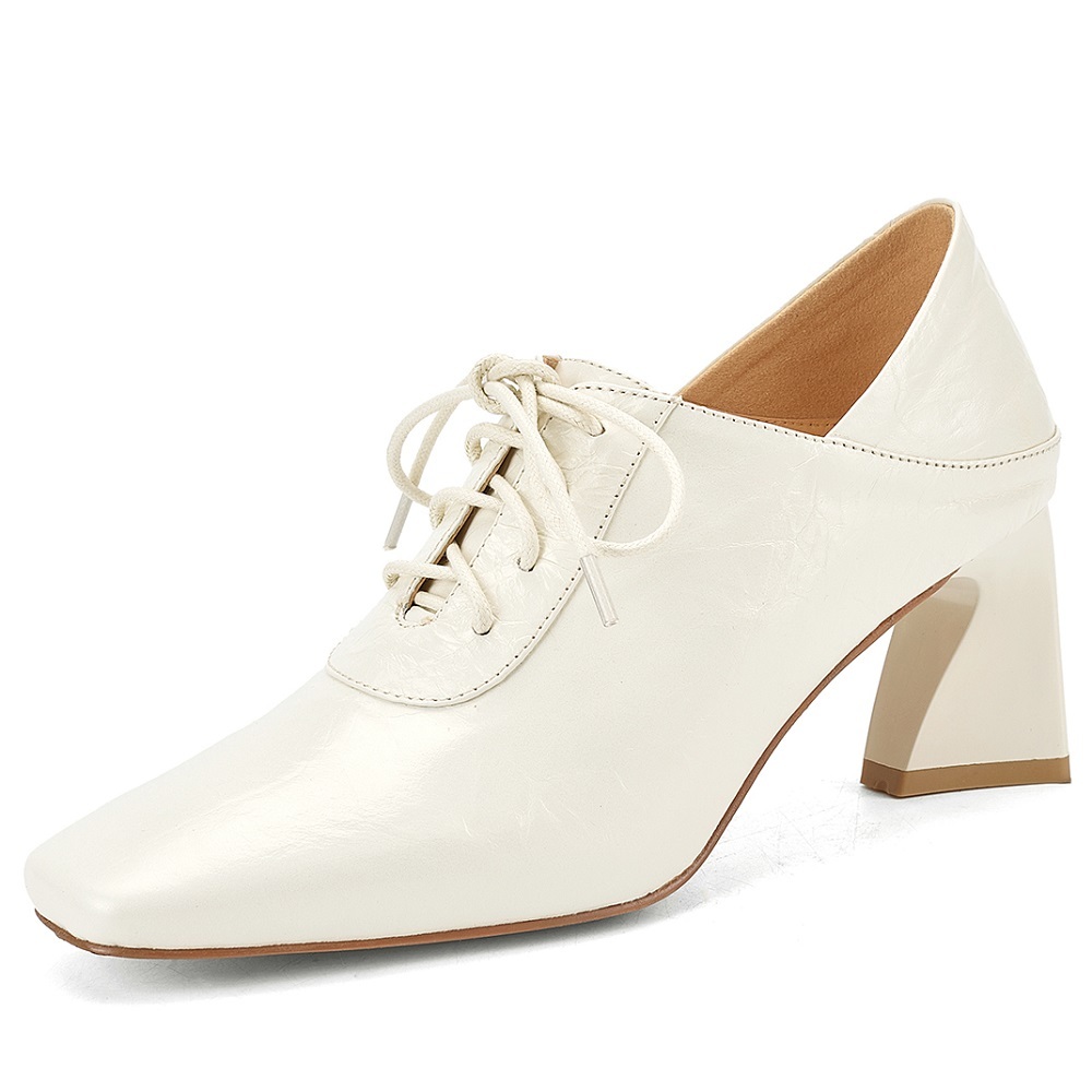 Women's Spring Square Heel Leather Pumps 6.5  CM Heel Lace-Up Pure Color Square Toe Elegant British Style Versatile Fashion Single Shoes 60320