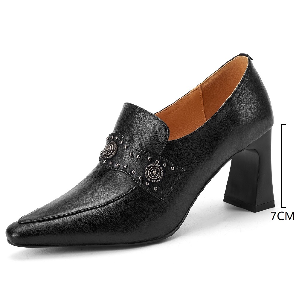 Ladies' Genuine Leather Pointed Toe Slip On Spring New 7 CM Block Heel Riveted British Style Versatile Sheepskin French Elegant Fashion Shoes 60321
