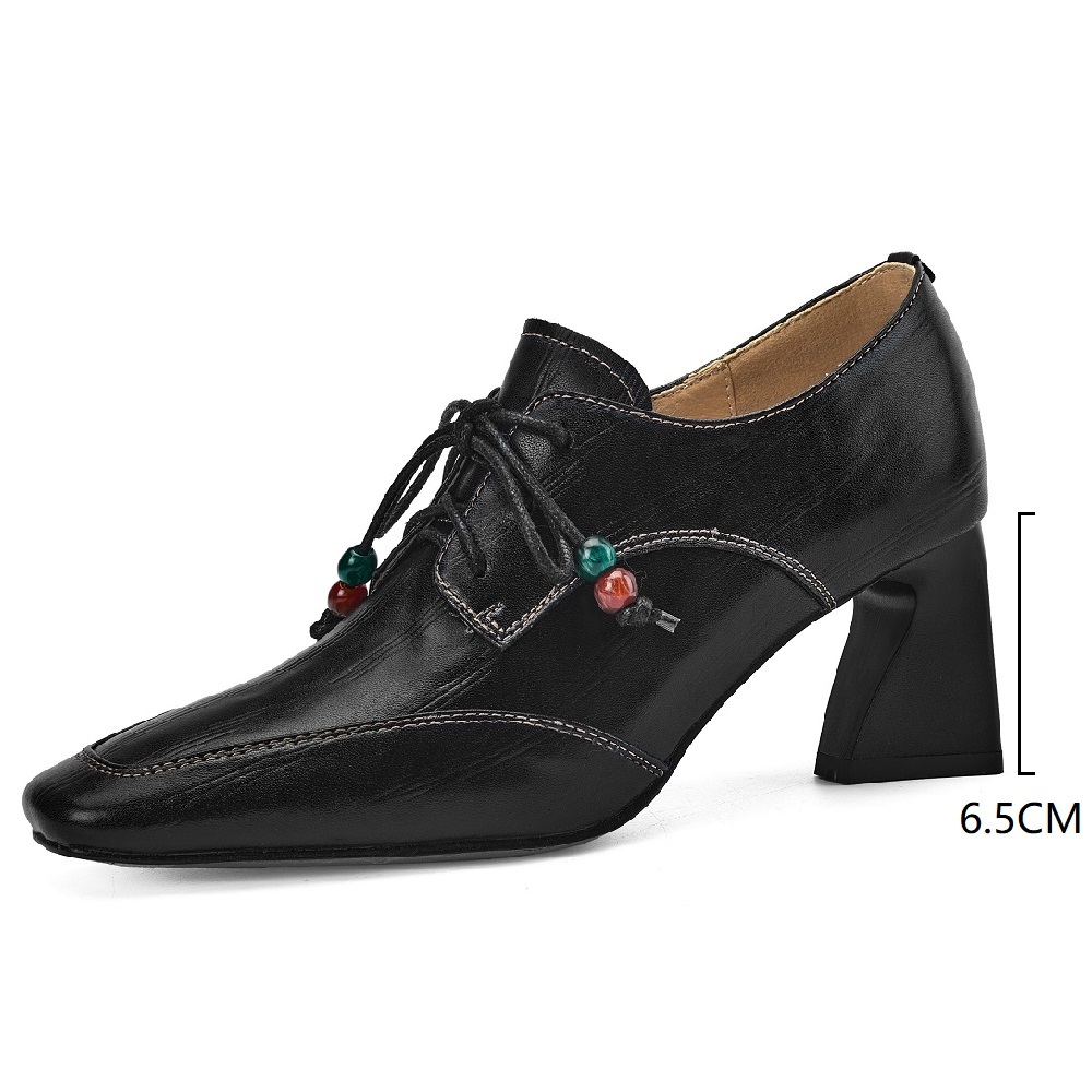 French Elegant Square-Toe 7 CM Block Heel Lace Up Beaded Sewing Genuine Leather Women's Casual Commute Fashion Spring Shoes 60321