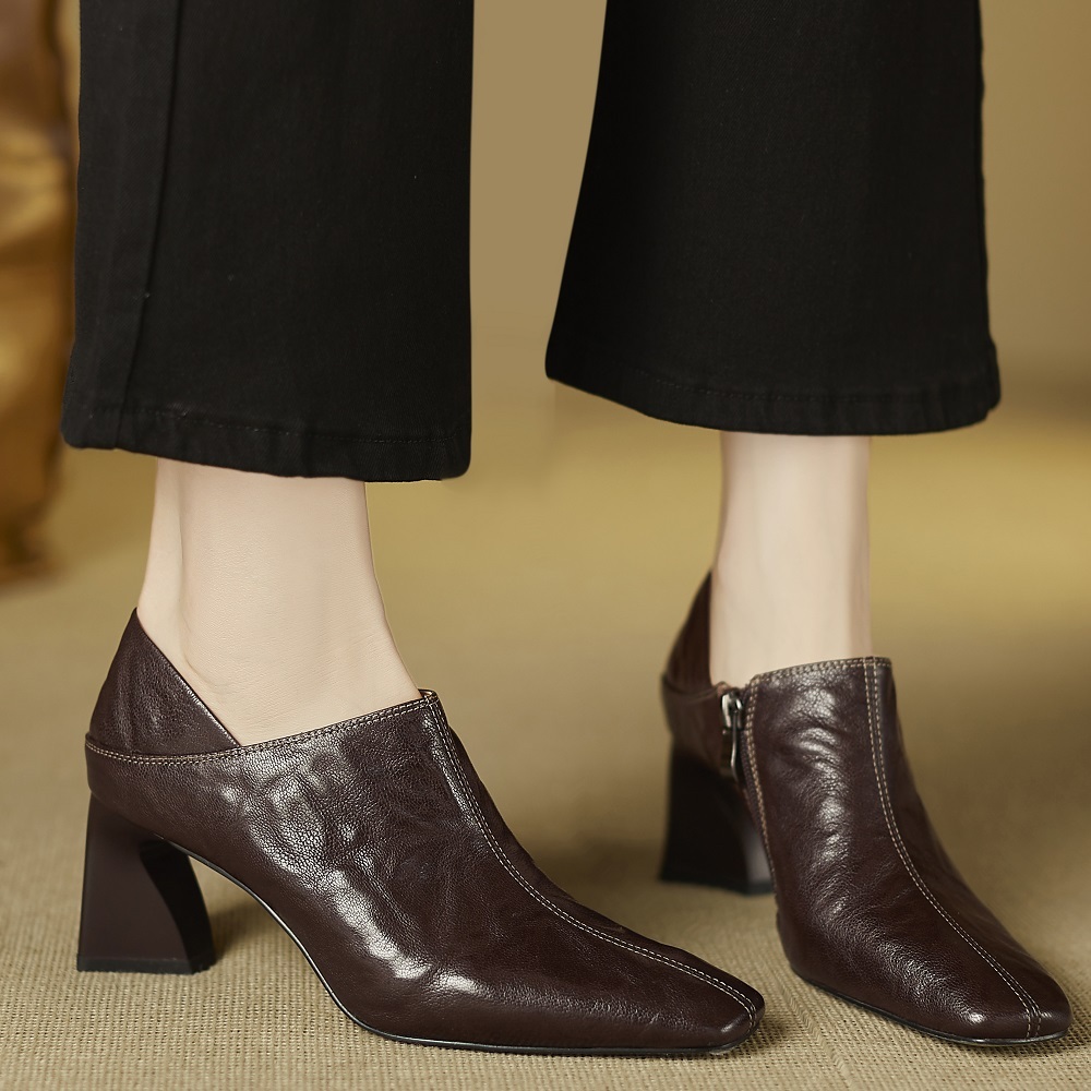 Women's French Vintage Spring Autumn Square Toe 6.5 CM Block Heel Shoes Side Zipper Elegant  Simple Warm Lined Winter High Heels Shoes 60321