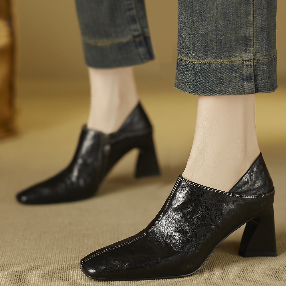 Women's French Vintage Spring Autumn Square Toe 6.5 CM Block Heel Shoes Side Zipper Elegant  Simple Warm Lined Winter High Heels Shoes 60321