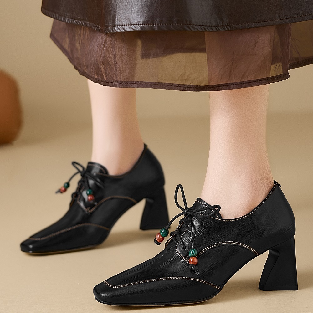 French Elegant Square-Toe 7 CM Block Heel Lace Up Beaded Sewing Genuine Leather Women's Casual Commute Fashion Spring Shoes 60321
