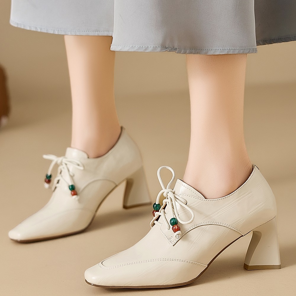 French Elegant Square-Toe 7 CM Block Heel Lace Up Beaded Sewing Genuine Leather Women's Casual Commute Fashion Spring Shoes 60321