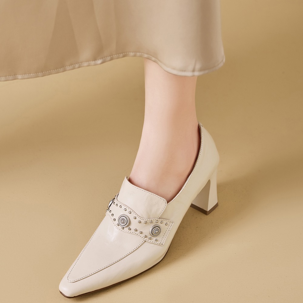 Ladies' Genuine Leather Pointed Toe Slip On Spring New 7 CM Block Heel Riveted British Style Versatile Sheepskin French Elegant Fashion Shoes 60321