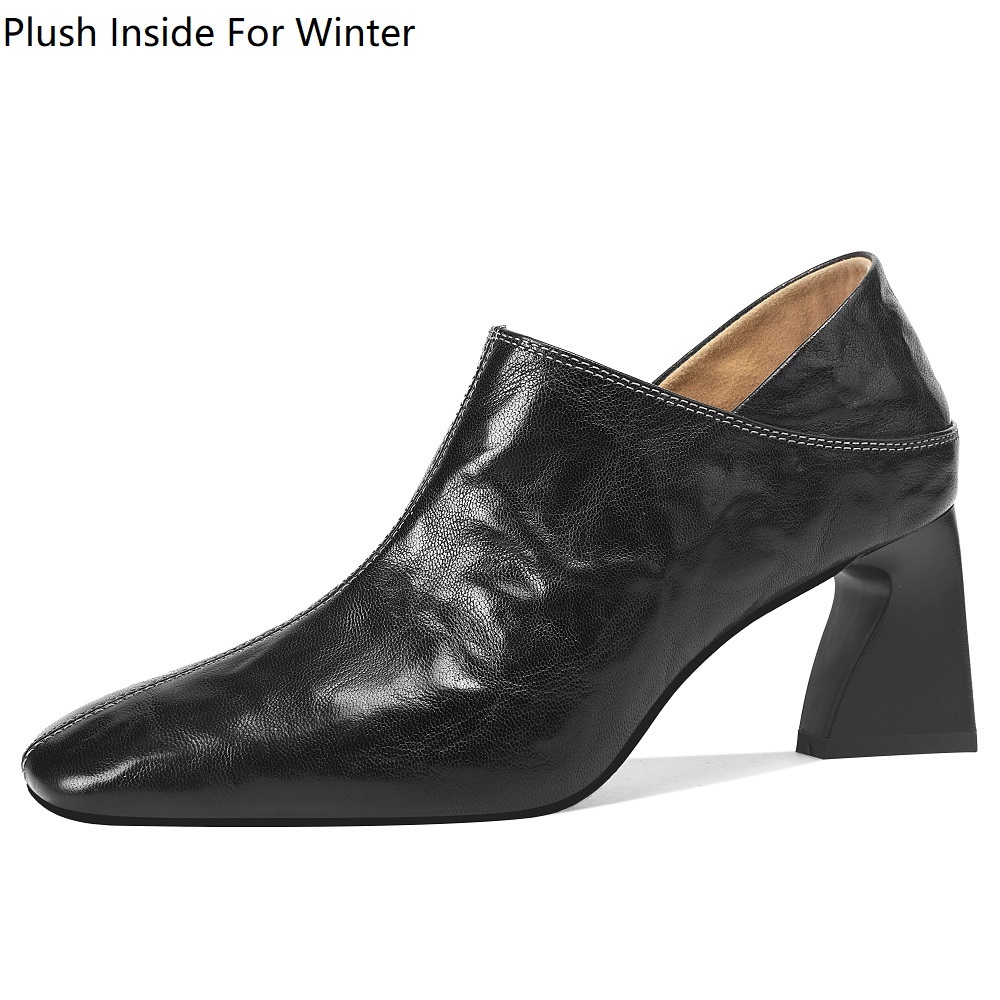 Women's French Vintage Spring Autumn Square Toe 6.5 CM Block Heel Shoes Side Zipper Elegant  Simple Warm Lined Winter High Heels Shoes 60321
