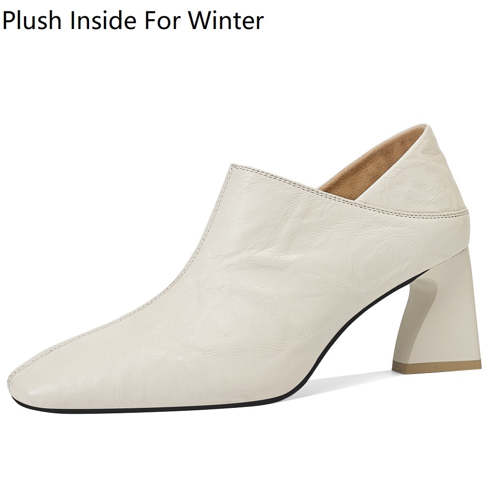 Women's French Vintage Spring Autumn Square Toe 6.5 CM Block Heel Shoes Side Zipper Elegant  Simple Warm Lined Winter High Heels Shoes 60321