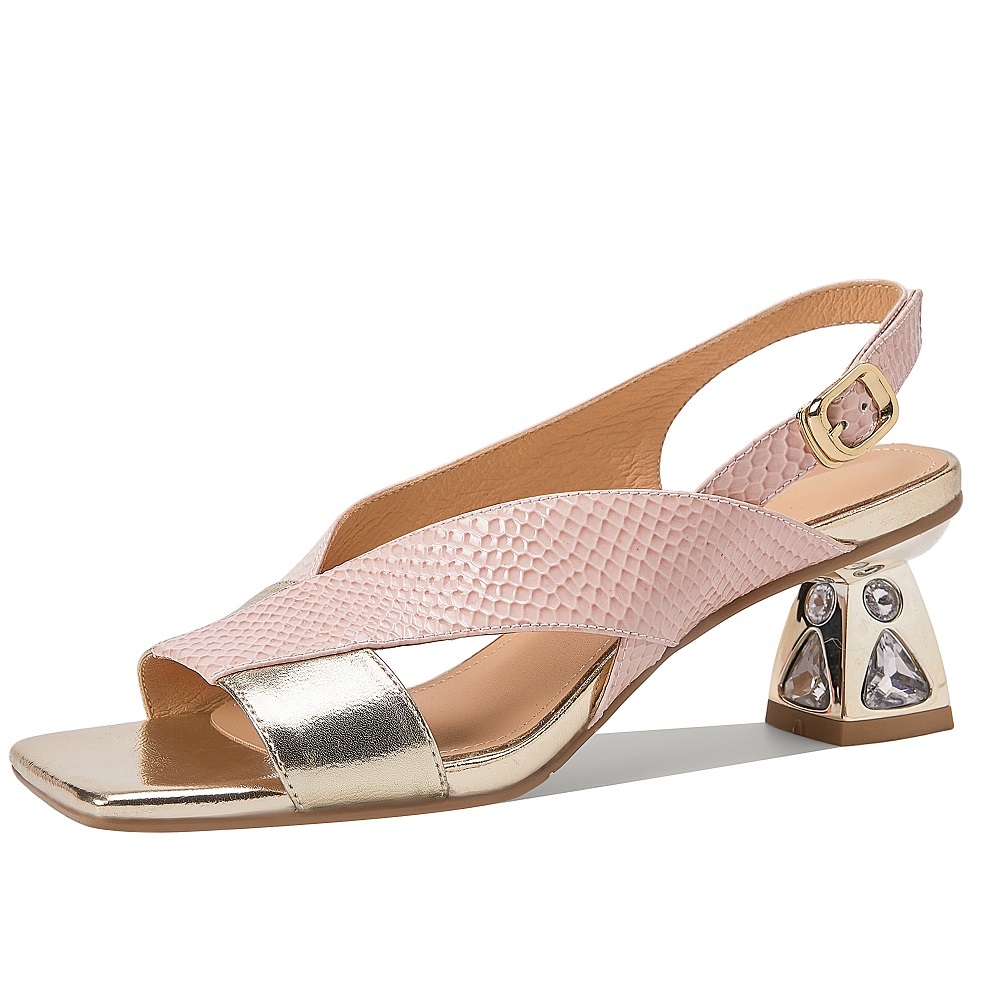 Women's Genuine Leather Sexy 5.5 CM Heel Crystals French Square Toe Fashion Low Cut Summer Sandals Snake Pattern Cowhide Open Toe Cut Out High Heels Shoes 60321