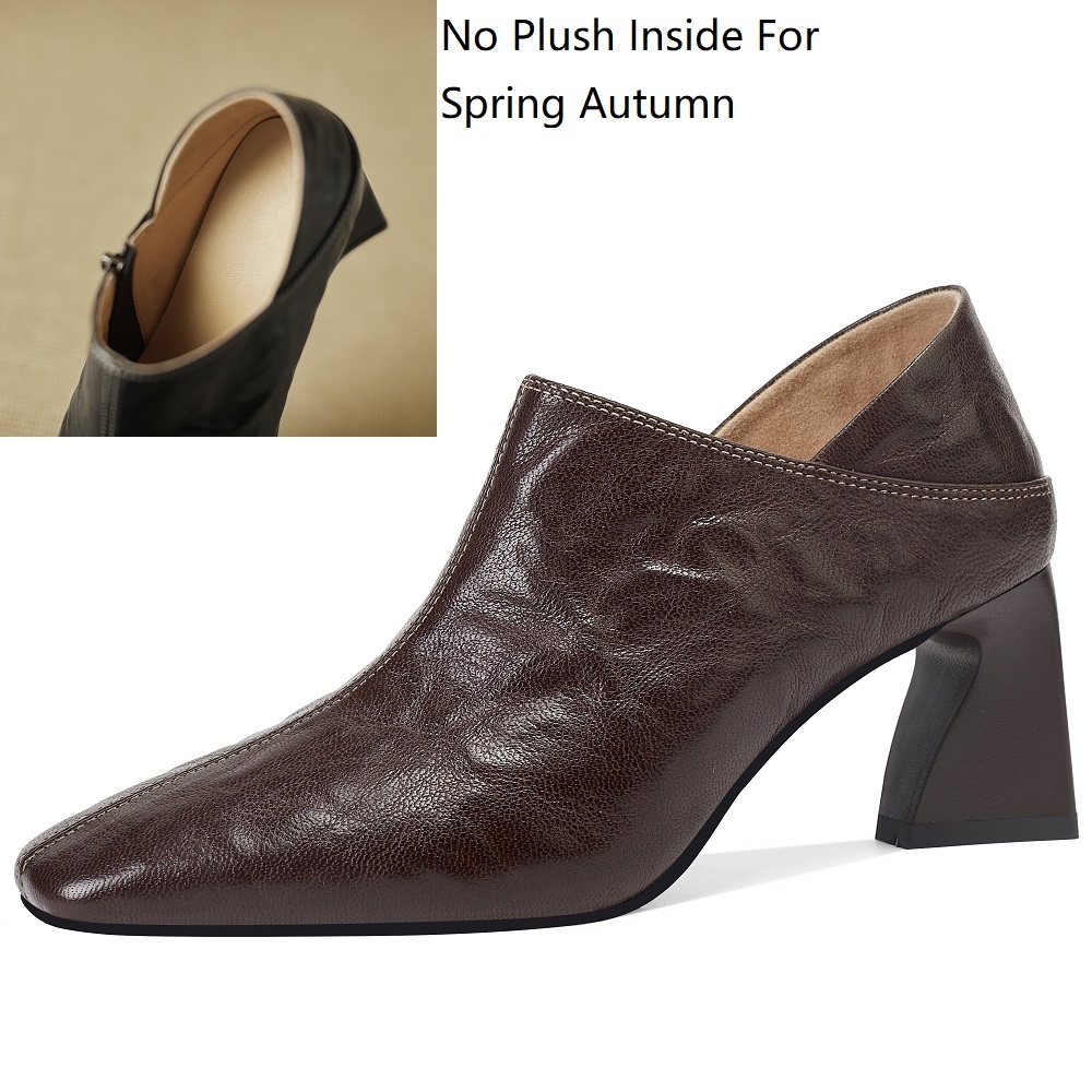 Women's French Vintage Spring Autumn Square Toe 6.5 CM Block Heel Shoes Side Zipper Elegant  Simple Warm Lined Winter High Heels Shoes 60321