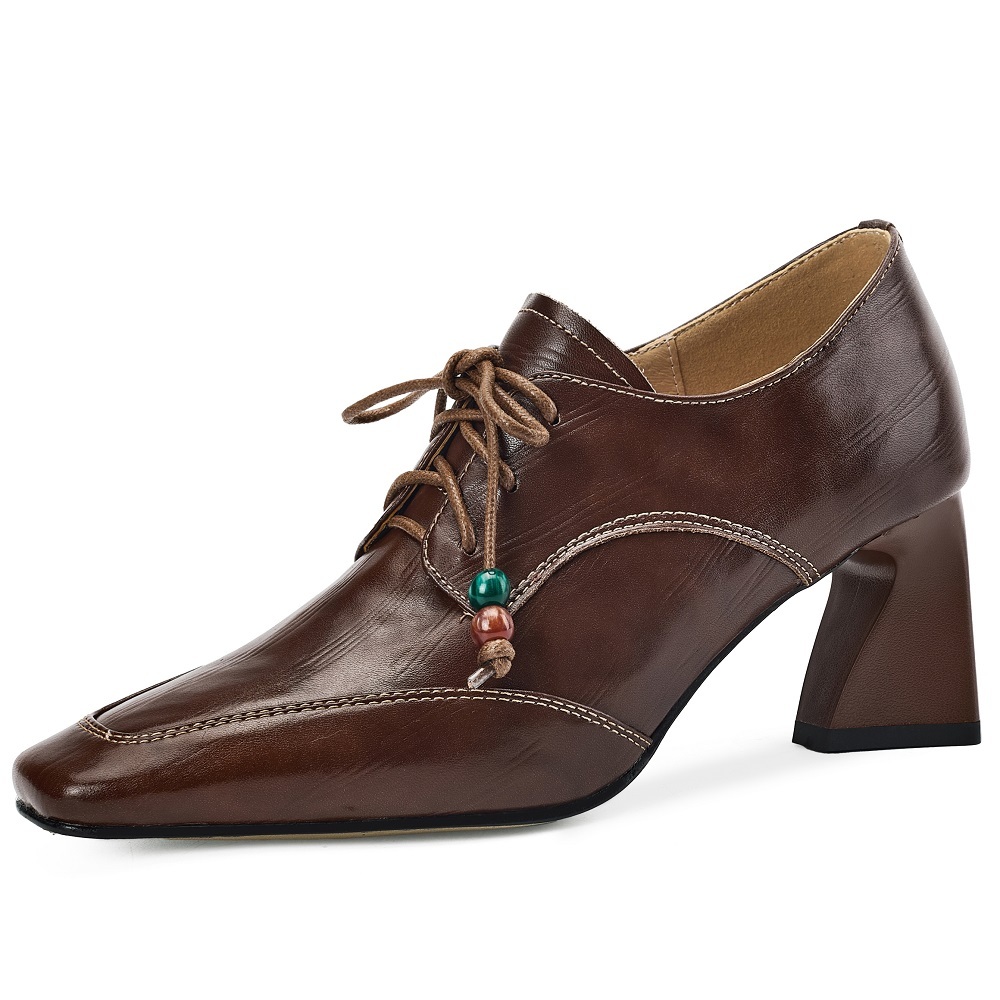French Elegant Square-Toe 7 CM Block Heel Lace Up Beaded Sewing Genuine Leather Women's Casual Commute Fashion Spring Shoes 60321