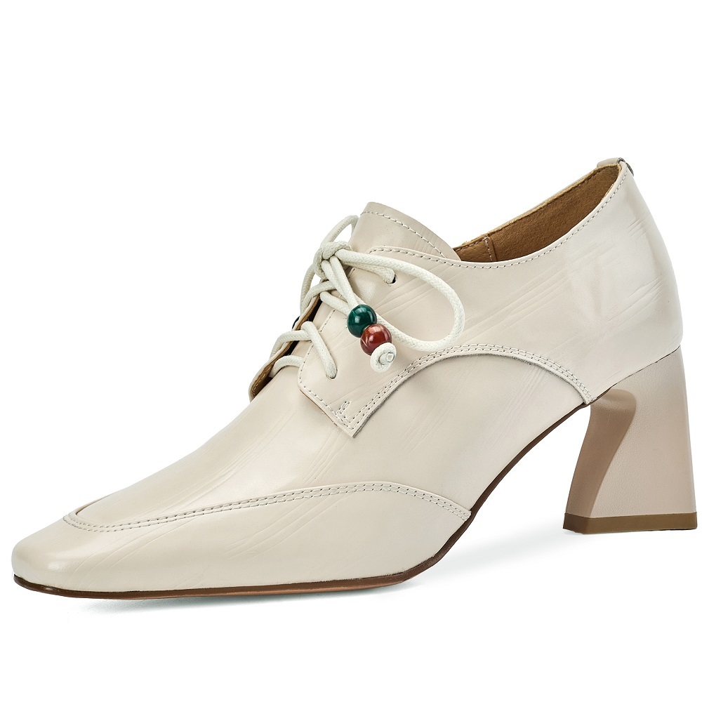 French Elegant Square-Toe 7 CM Block Heel Lace Up Beaded Sewing Genuine Leather Women's Casual Commute Fashion Spring Shoes 60321