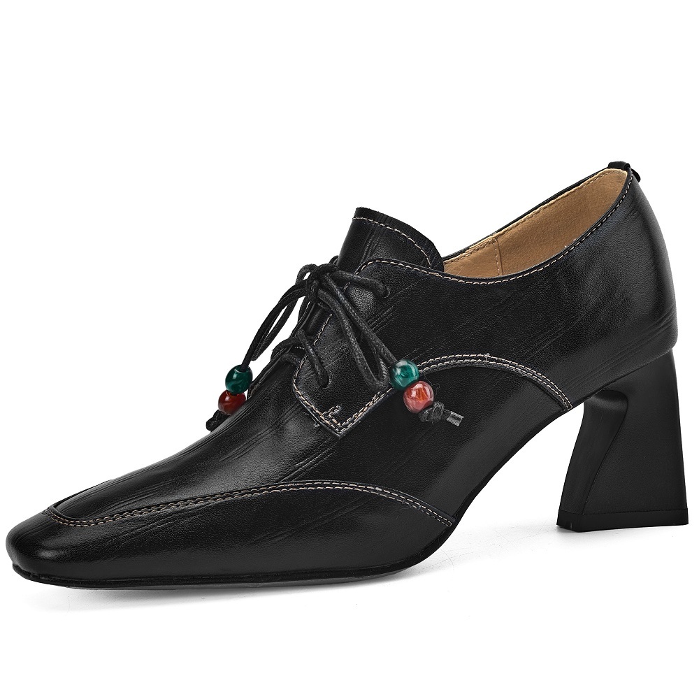French Elegant Square-Toe 7 CM Block Heel Lace Up Beaded Sewing Genuine Leather Women's Casual Commute Fashion Spring Shoes 60321