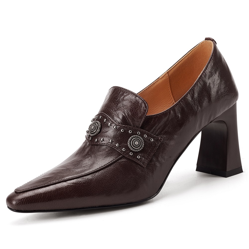 Ladies' Genuine Leather Pointed Toe Slip On Spring New 7 CM Block Heel Riveted British Style Versatile Sheepskin French Elegant Fashion Shoes 60321