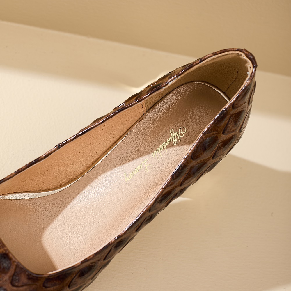 Women's Genuine Leather Low-Cut Spring Summer French Style Square Toe 6 CM Block Heel Snake Print Embossed Cowhide Metal Cap Toe Elegant High Heels Shoes 60323