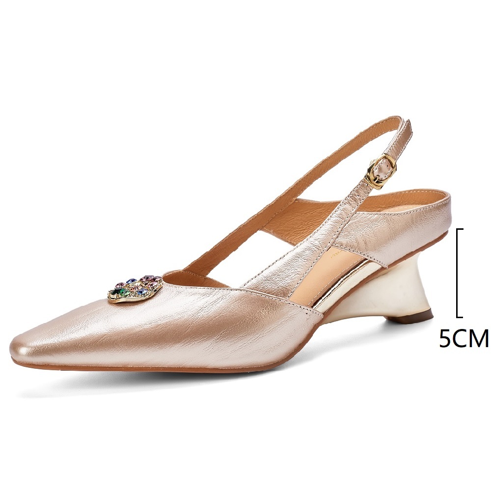 Women's Genuine Leather Pointed Toe Colorful Rhinestone Buckle Low-Cut 5 CM Wedge Heel Slingback Cut Out Backless Closed Toe Elegant Sandals 60323