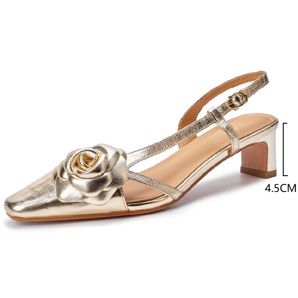 Women's Genuine Leather French-Style Square-Toe Summer Closed-Toe Slingback Sandals Gentle 3D Floral Accents 4.5 CM Block Heels Shoes 60323