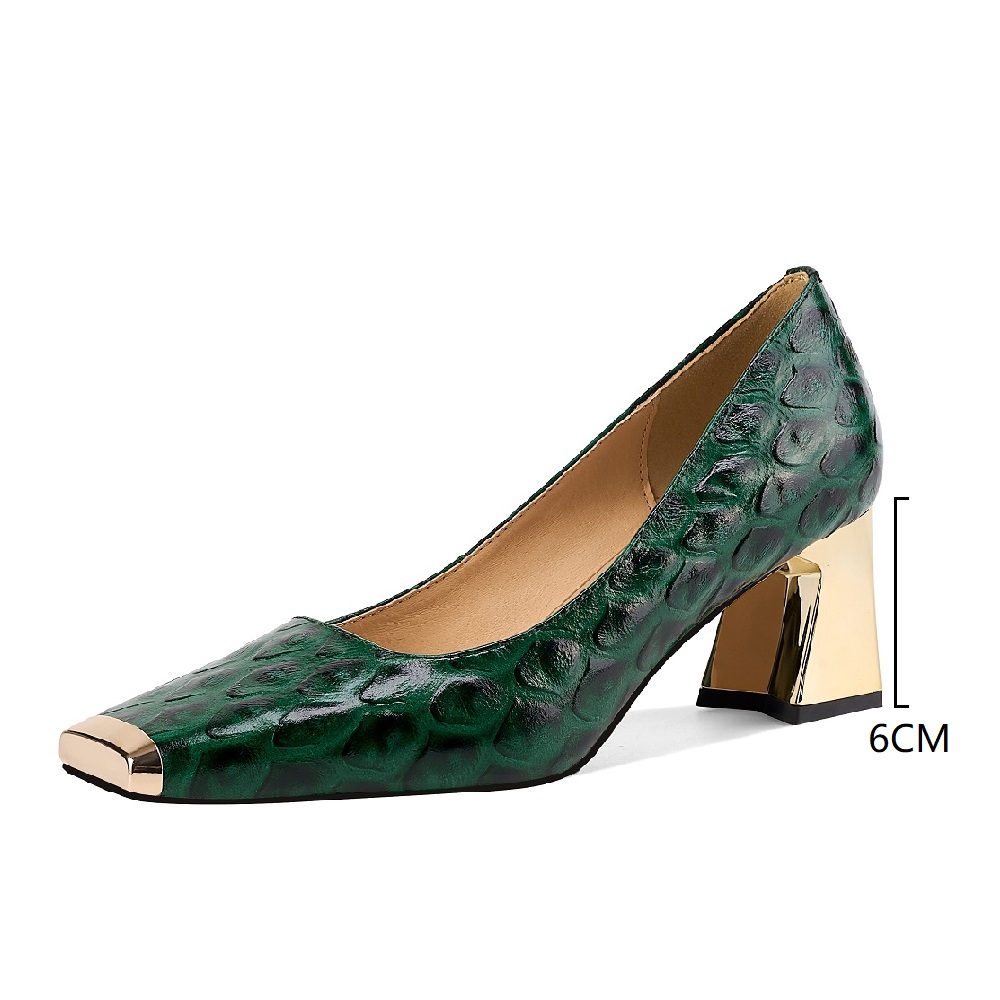Women's Genuine Leather Low-Cut Spring Summer French Style Square Toe 6 CM Block Heel Snake Print Embossed Cowhide Metal Cap Toe Elegant High Heels Shoes 60323