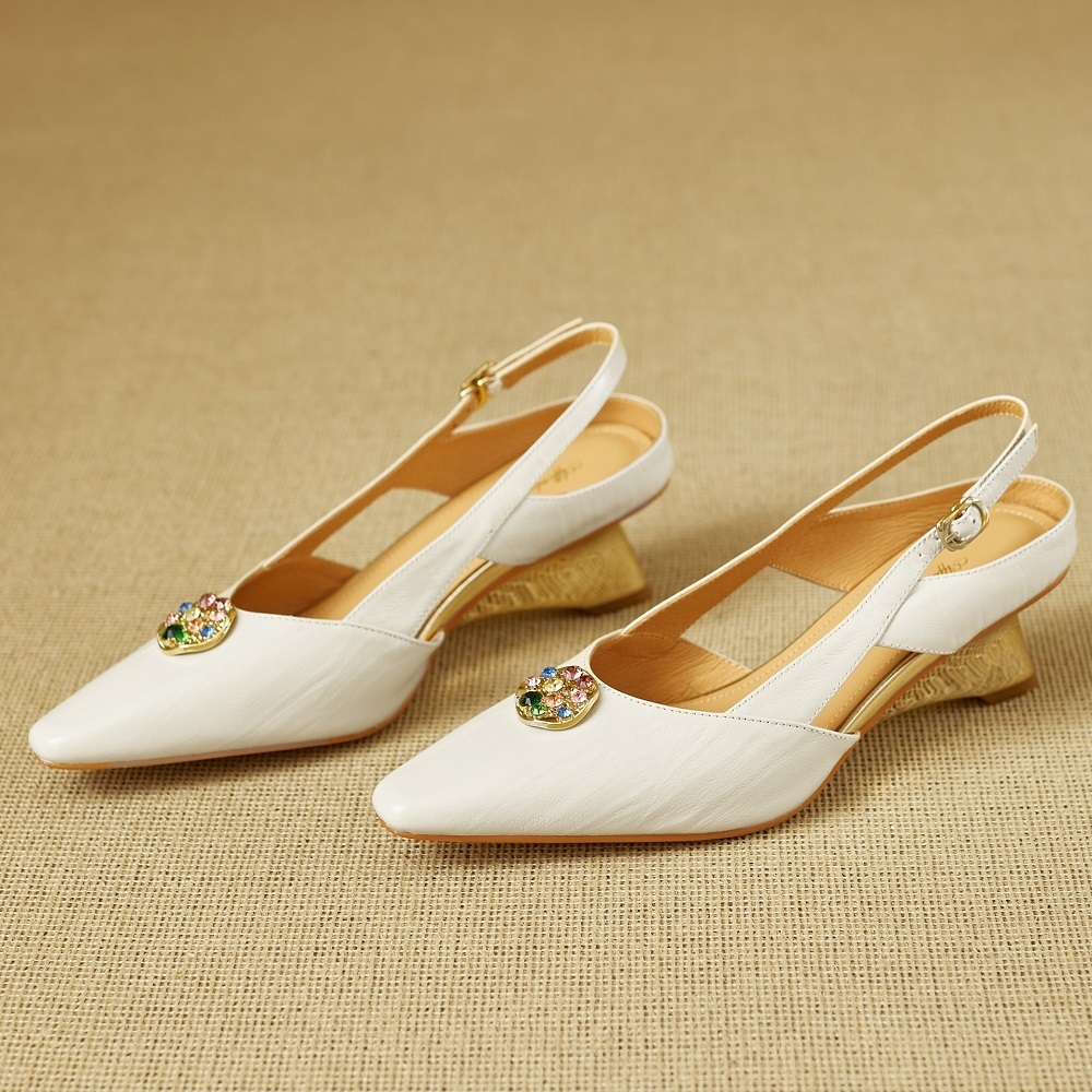 Women's Genuine Leather Pointed Toe Colorful Rhinestone Buckle Low-Cut 5 CM Wedge Heel Slingback Cut Out Backless Closed Toe Elegant Sandals 60323