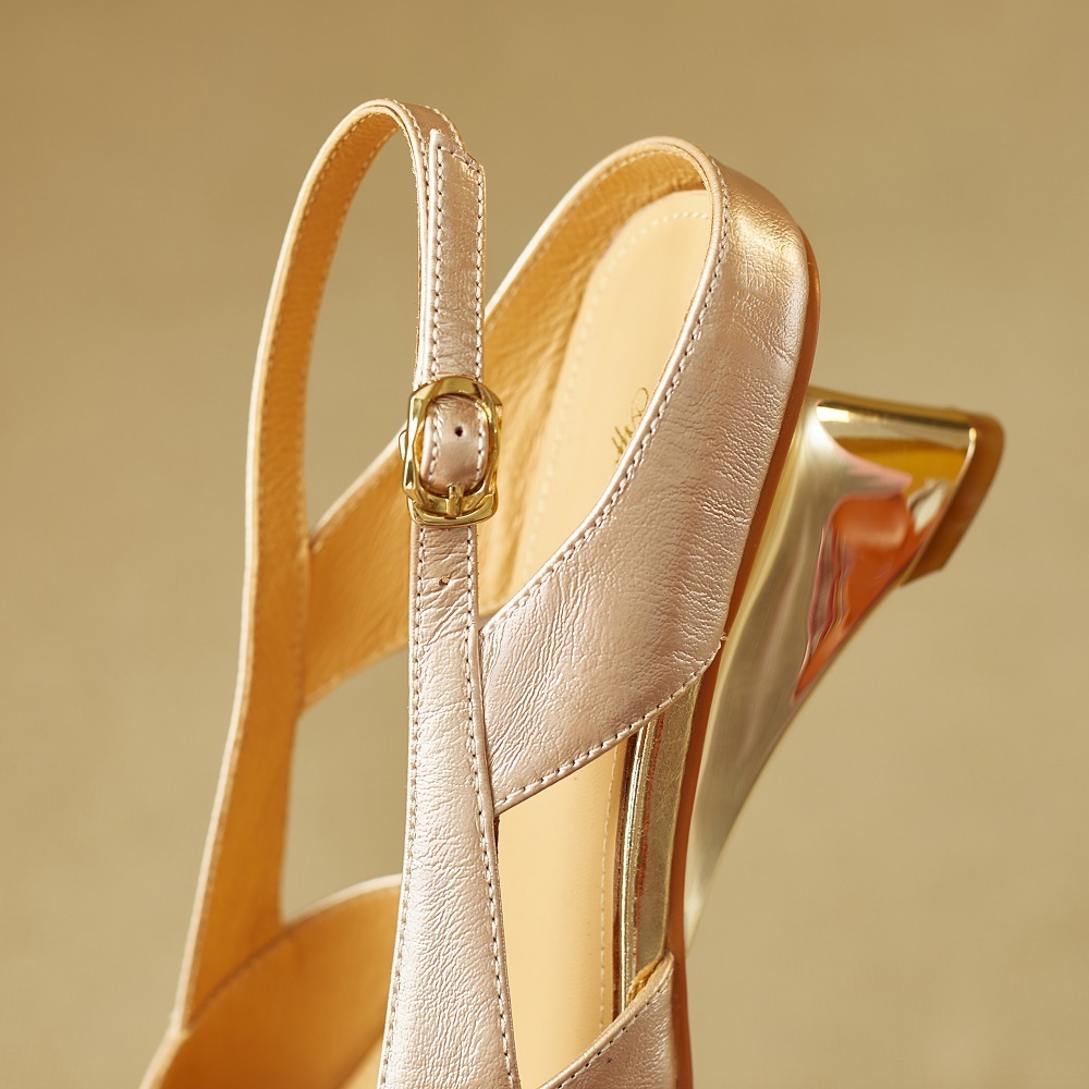 Women's Genuine Leather Pointed Toe Colorful Rhinestone Buckle Low-Cut 5 CM Wedge Heel Slingback Cut Out Backless Closed Toe Elegant Sandals 60323
