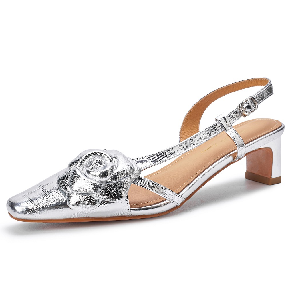 Women's Genuine Leather French-Style Square-Toe Summer Closed-Toe Slingback Sandals Gentle 3D Floral Accents 4.5 CM Block Heels Shoes 60323