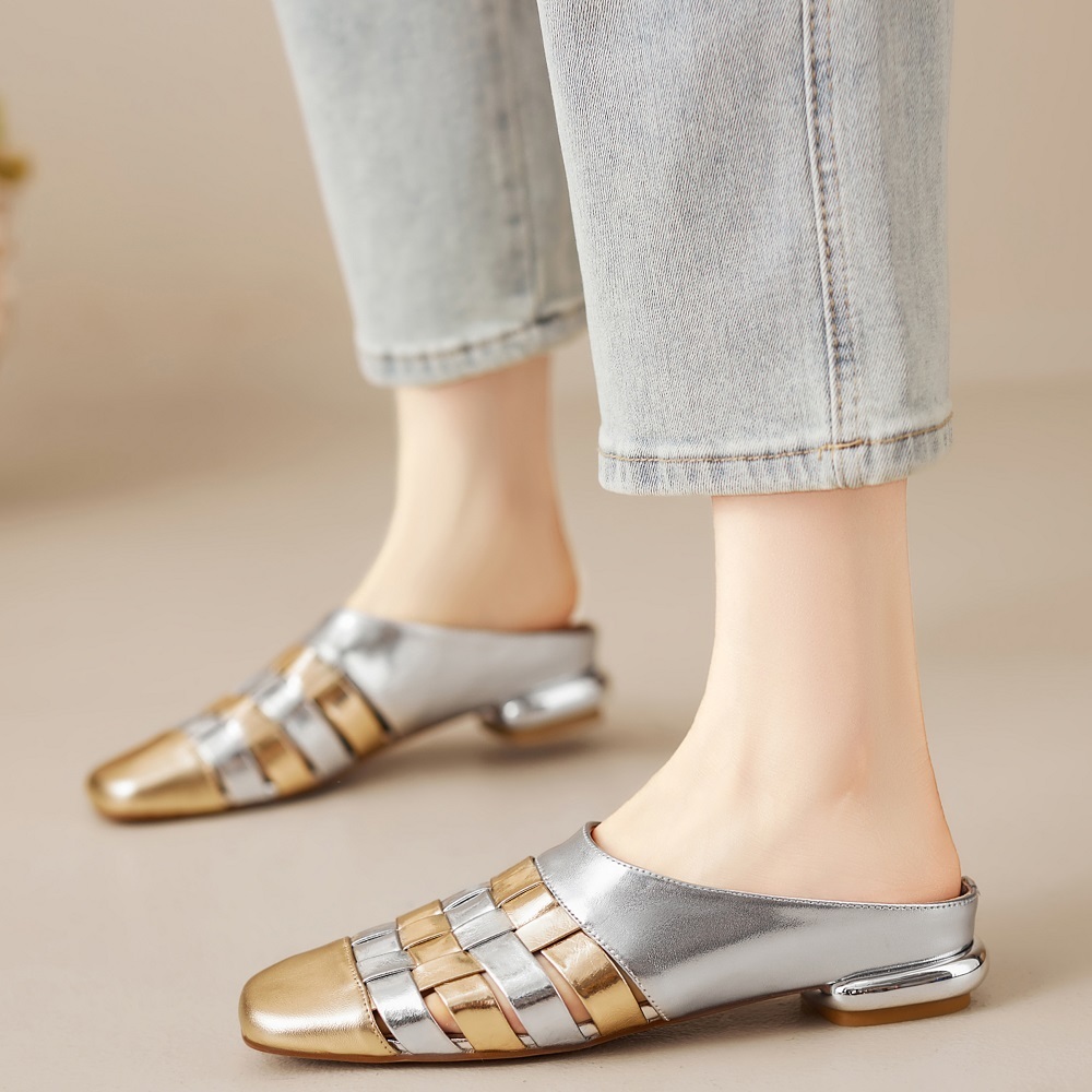 Women's Sheepskin Summer Closed Toe Woven Cut Out Fashion Slippers 2 CM Heel Height Color Block Backless Soft Sole Comfortable Sandals 60323