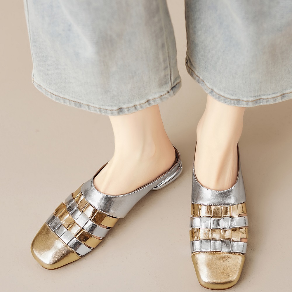 Women's Sheepskin Summer Closed Toe Woven Cut Out Fashion Slippers 2 CM Heel Height Color Block Backless Soft Sole Comfortable Sandals 60323