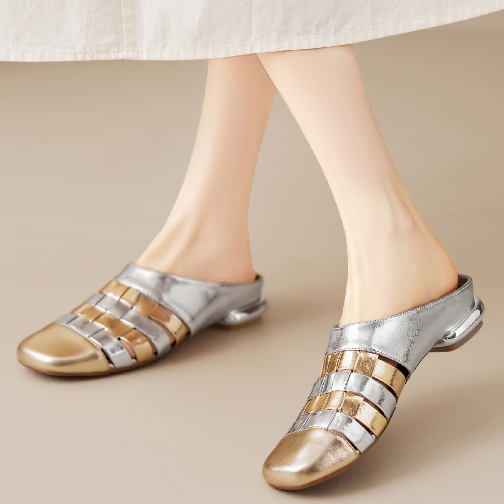 Women's Sheepskin Summer Closed Toe Woven Cut Out Fashion Slippers 2 CM Heel Height Color Block Backless Soft Sole Comfortable Sandals 60323