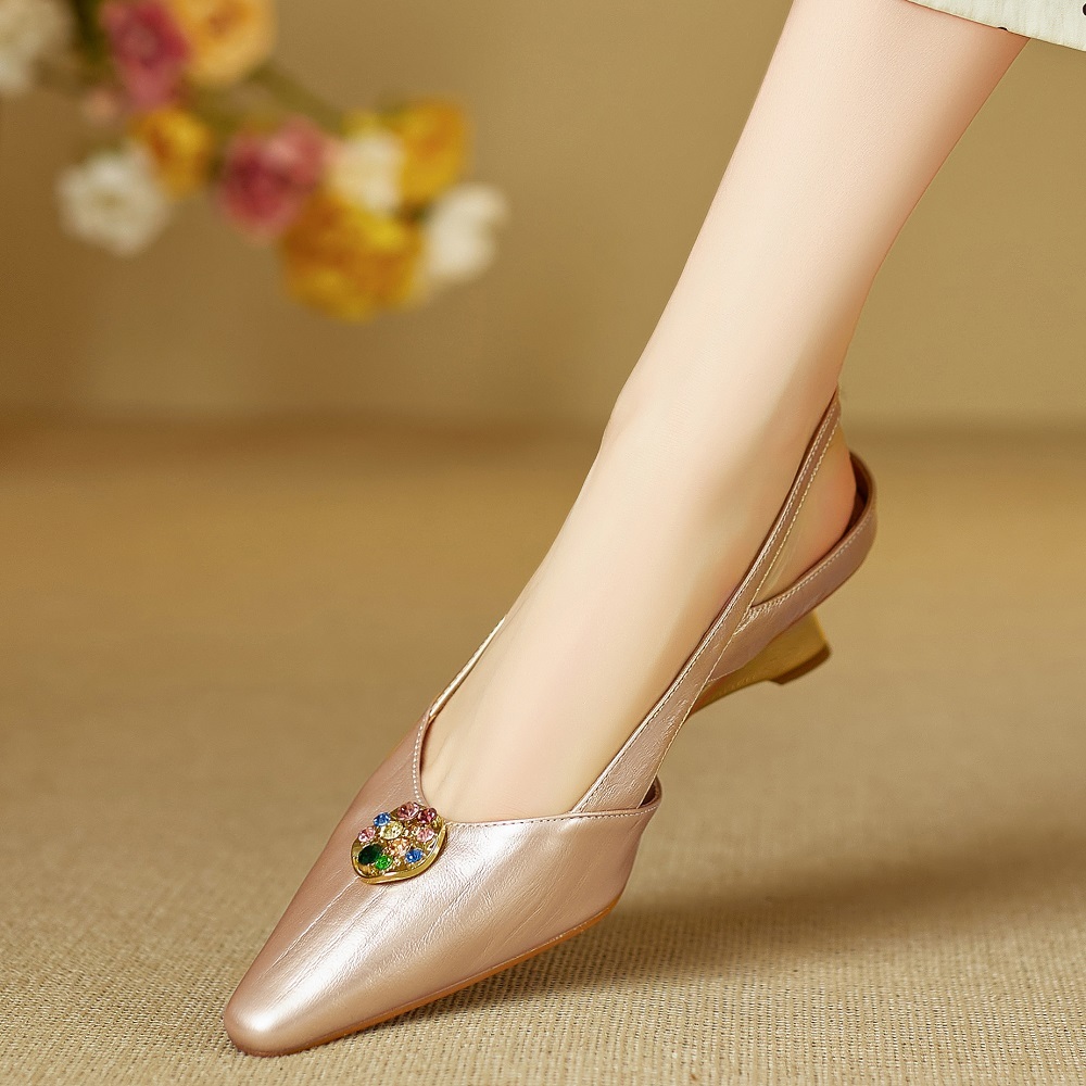 Women's Genuine Leather Pointed Toe Colorful Rhinestone Buckle Low-Cut 5 CM Wedge Heel Slingback Cut Out Backless Closed Toe Elegant Sandals 60323