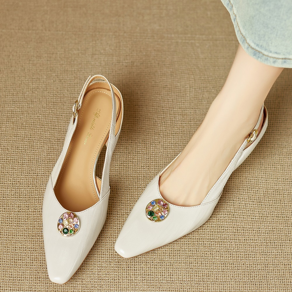 Women's Genuine Leather Pointed Toe Colorful Rhinestone Buckle Low-Cut 5 CM Wedge Heel Slingback Cut Out Backless Closed Toe Elegant Sandals 60323