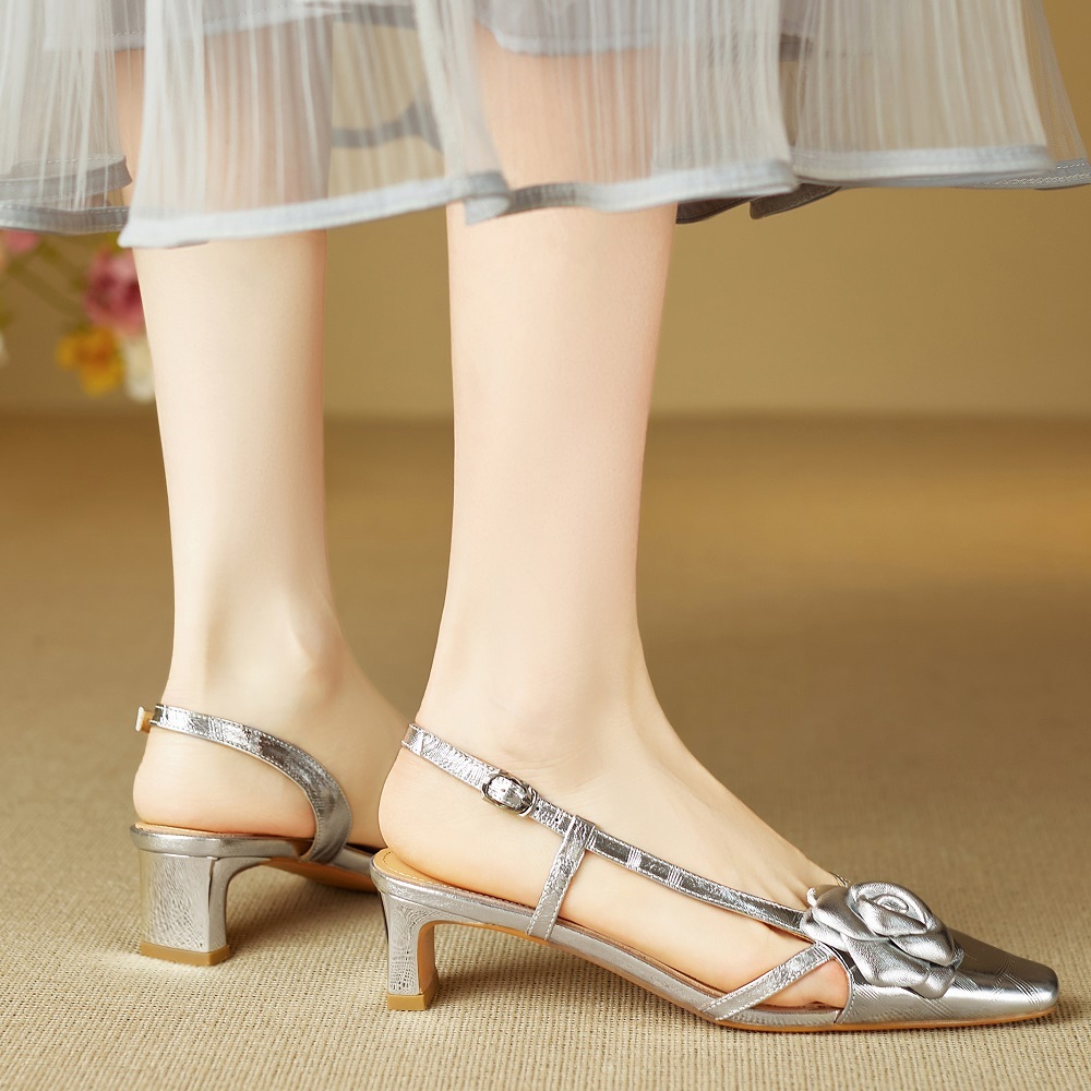 Women's Genuine Leather French-Style Square-Toe Summer Closed-Toe Slingback Sandals Gentle 3D Floral Accents 4.5 CM Block Heels Shoes 60323