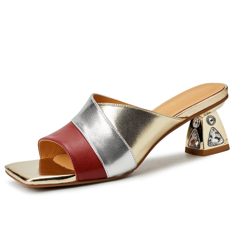Women's Summer French Square Toe 6 CM Block Heel Color Block Cut Out Genuine Leather Soft Sole Comfort Crystals Fashion Slippers 60323