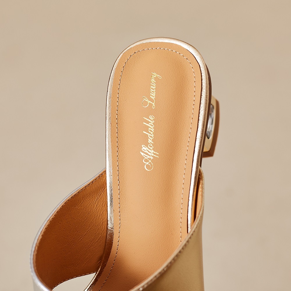 Women's Summer French Square Toe 6 CM Block Heel Color Block Cut Out Genuine Leather Soft Sole Comfort Crystals Fashion Slippers 60323