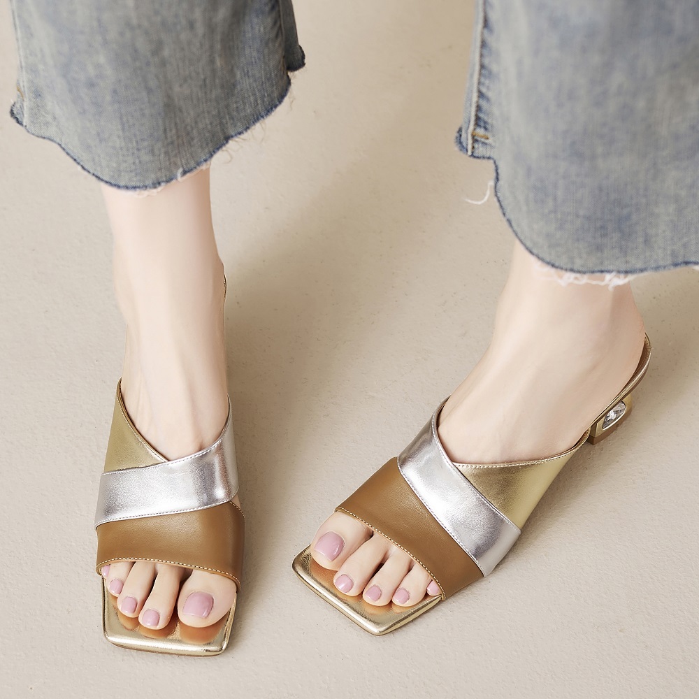Women's Summer French Square Toe 6 CM Block Heel Color Block Cut Out Genuine Leather Soft Sole Comfort Crystals Fashion Slippers 60323