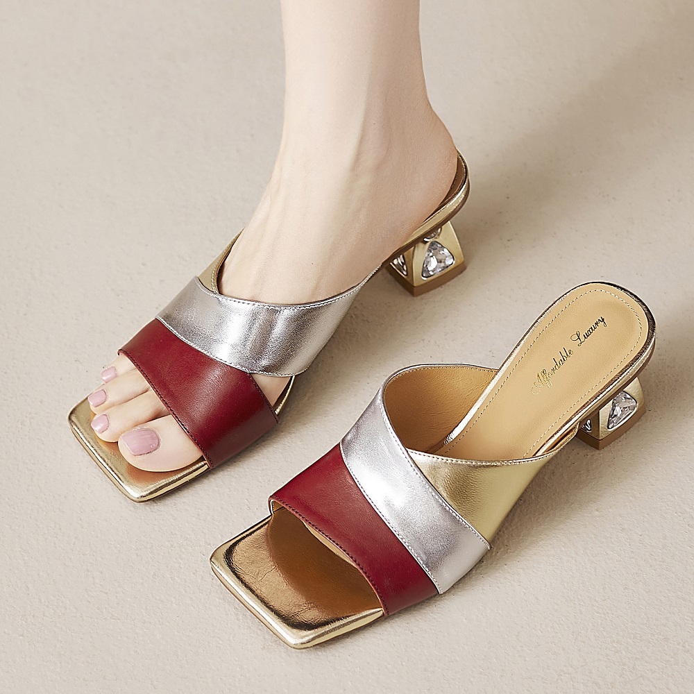 Women's Summer French Square Toe 6 CM Block Heel Color Block Cut Out Genuine Leather Soft Sole Comfort Crystals Fashion Slippers 60323