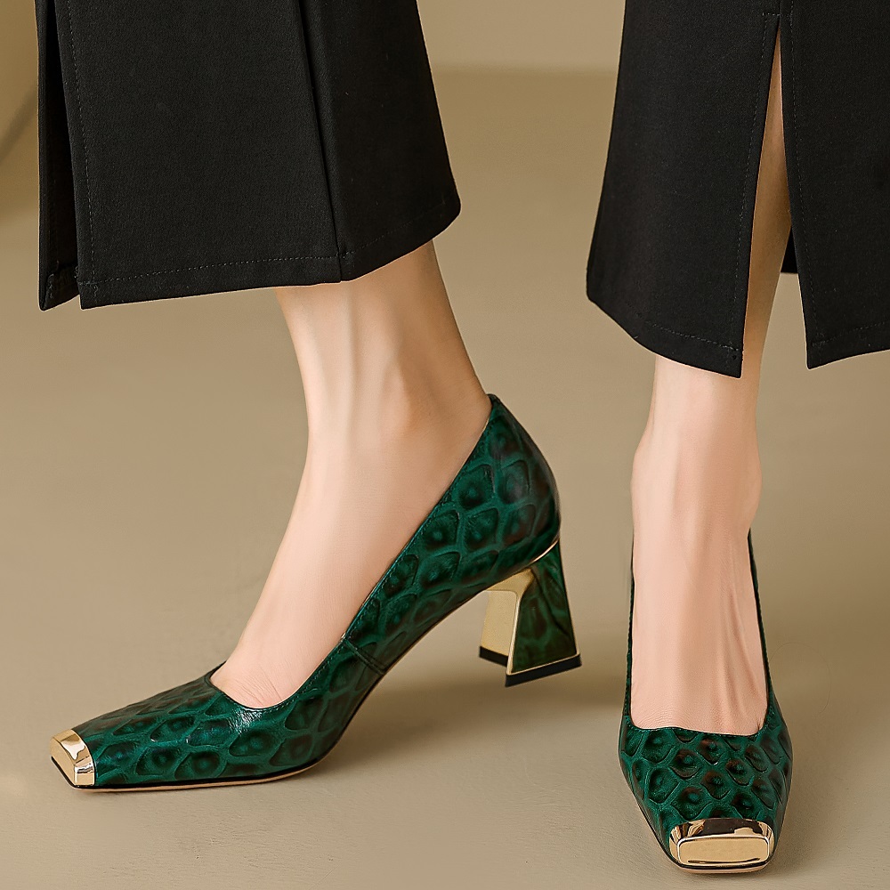 Women's Genuine Leather Low-Cut Spring Summer French Style Square Toe 6 CM Block Heel Snake Print Embossed Cowhide Metal Cap Toe Elegant High Heels Shoes 60323