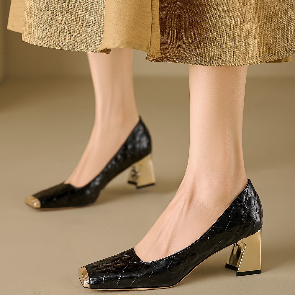 Women's Genuine Leather Low-Cut Spring Summer French Style Square Toe 6 CM Block Heel Snake Print Embossed Cowhide Metal Cap Toe Elegant High Heels Shoes 60323