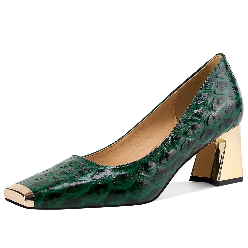 Women's Genuine Leather Low-Cut Spring Summer French Style Square Toe 6 CM Block Heel Snake Print Embossed Cowhide Metal Cap Toe Elegant High Heels Shoes 60323