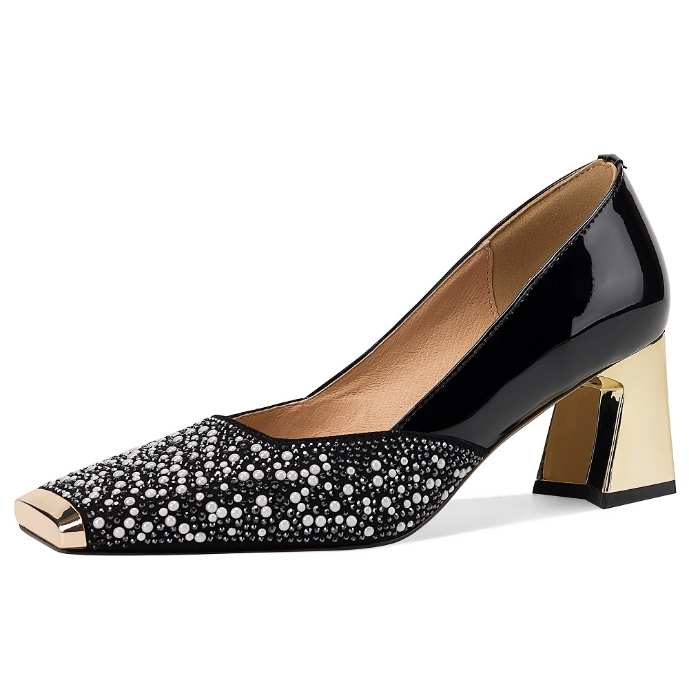 Women's Genuine Leather Crystals Pearl Low Cut 6 CM Block Heel Metal Toe Cap French Square Toe Versatile Office Spring Summer High Heels 60324